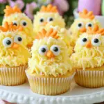 Adorable Easter Chick Cupcakes with yellow buttercream, candy eyes, and orange beaks