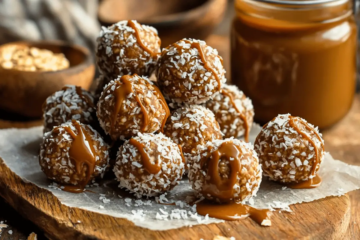 A tray of No-Bake Golden Oat Caramel balls rolled in coconut, served on rustic board