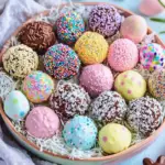 Chocolate coconut Easter truffles rolled in coconut and topped with pastel sprinkles