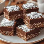 Squares of crunchy chocolate Weet-Bix slice topped with icing and sprinkles, stacked on a white plate.