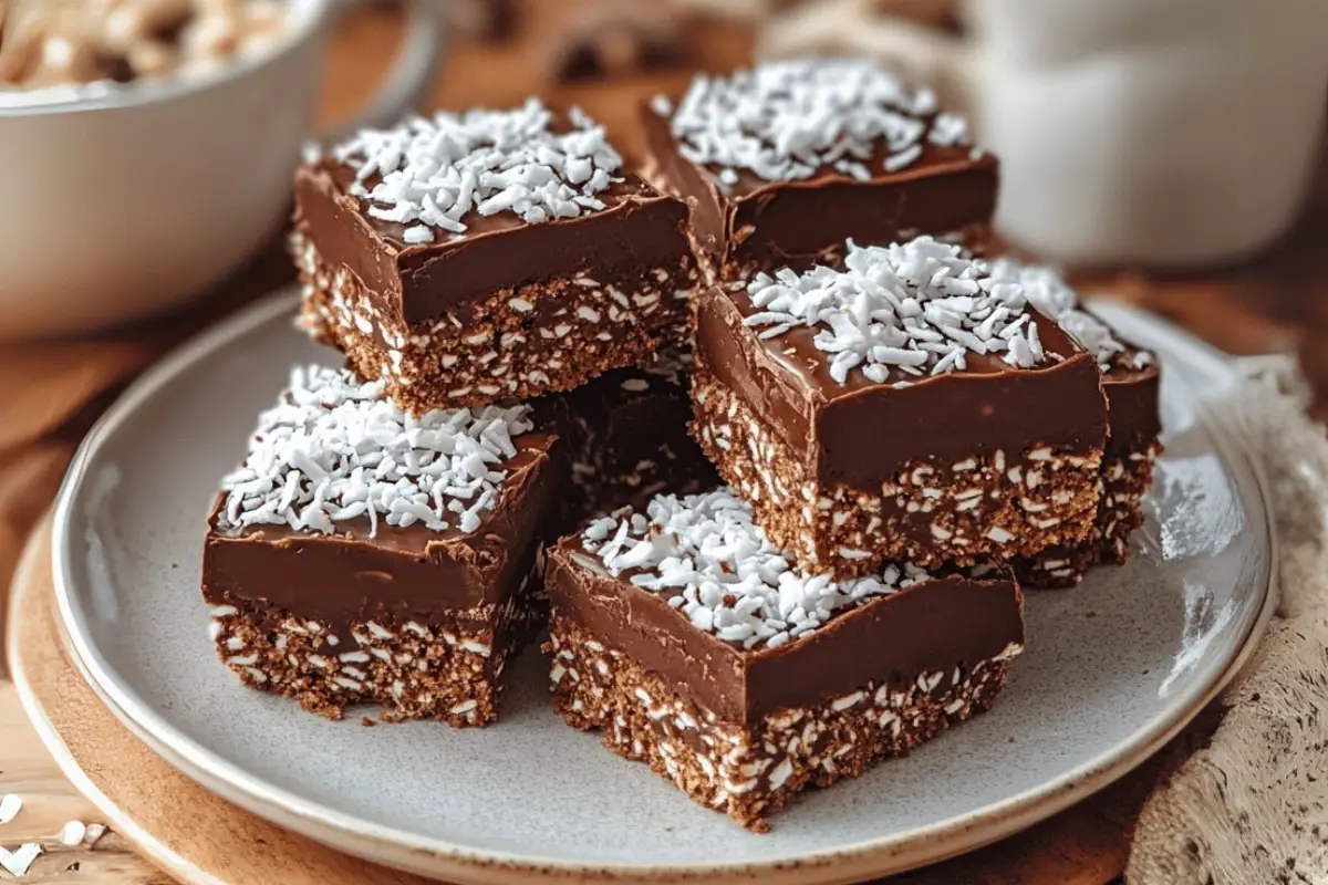 Squares of crunchy chocolate Weet-Bix slice topped with icing and sprinkles, stacked on a white plate.