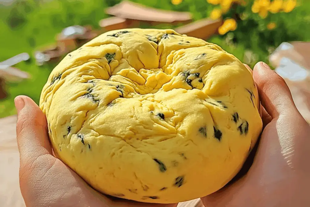 Bright yellow DIY Dandelion Play Dough with fresh flower petals, shaped into balls and flowers on a spring-themed table