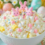 Bowl of Easter Bunny Fluff with pastel marshmallows, pineapple, mini eggs, and festive sprinkles.