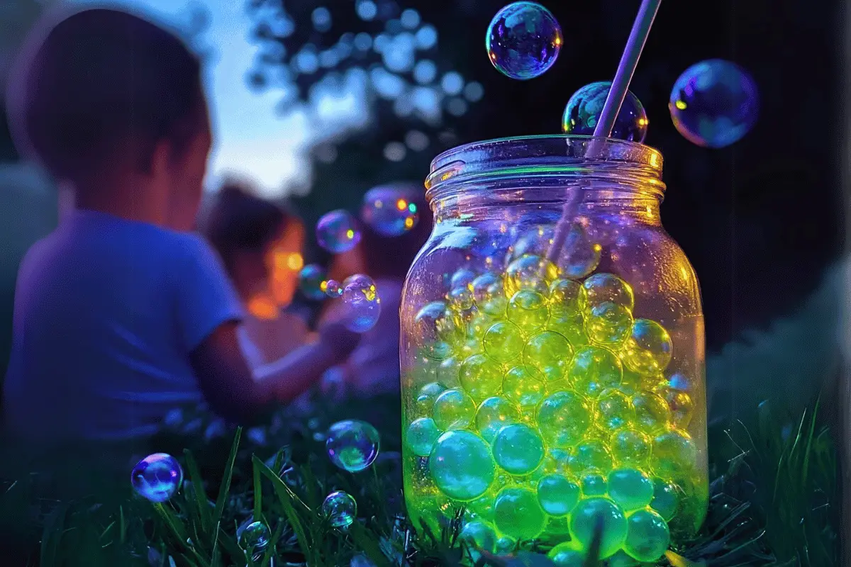 Glowing bubbles under UV blacklight, floating in the air during nighttime kids' activity.