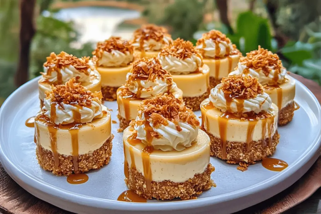 Mini golden oat coconut cheesecake bites topped with coconut and caramel drizzle on a serving tray