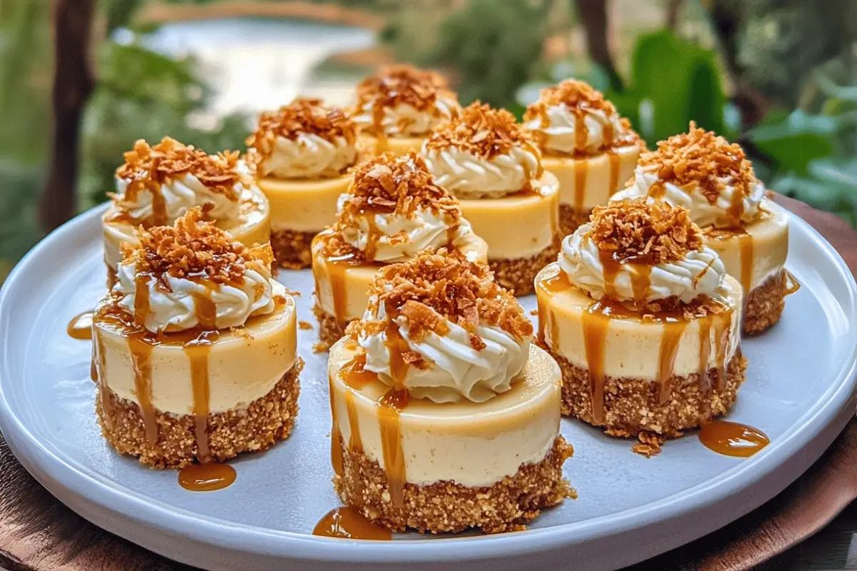 Mini golden oat coconut cheesecake bites topped with coconut and caramel drizzle on a serving tray
