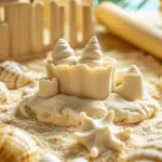 Homemade Sand Play Dough in earthy tones with shells and moulds, perfect for sensory play.