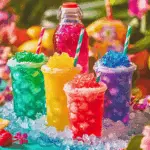 Colourful Kool-Aid Snow Cone Syrup in bottles and poured over crushed ice in rainbow cones.