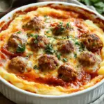 Meatball and mashed potato bake with golden cheese topping in baking dish