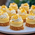 Mini lemon cheesecakes topped with whipped cream and lemon zest on a white serving platter