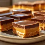 No-bake caramel slice with graham cracker crust, creamy caramel layer, and chocolate topping on a ceramic plate