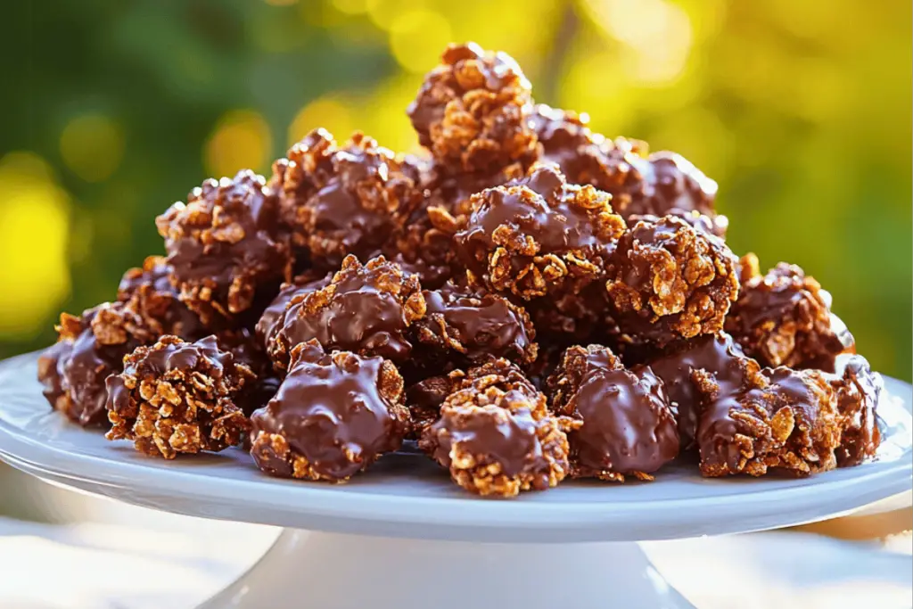 Tray of No-Bake Chocolate Cornflake Clusters with sprinkles and coconut, ready to serve.