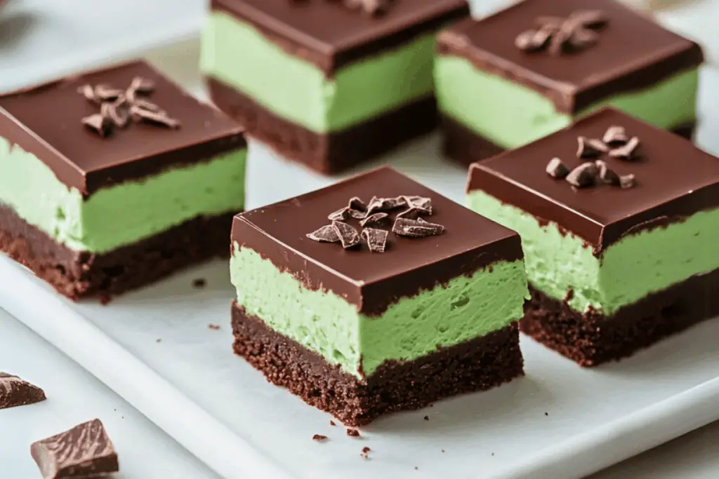 Slices of No-Bake Chocolate Mint Slice with green peppermint layer and glossy chocolate ganache, served on a plate.