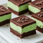 Slices of No-Bake Chocolate Mint Slice with green peppermint layer and glossy chocolate ganache, served on a plate.