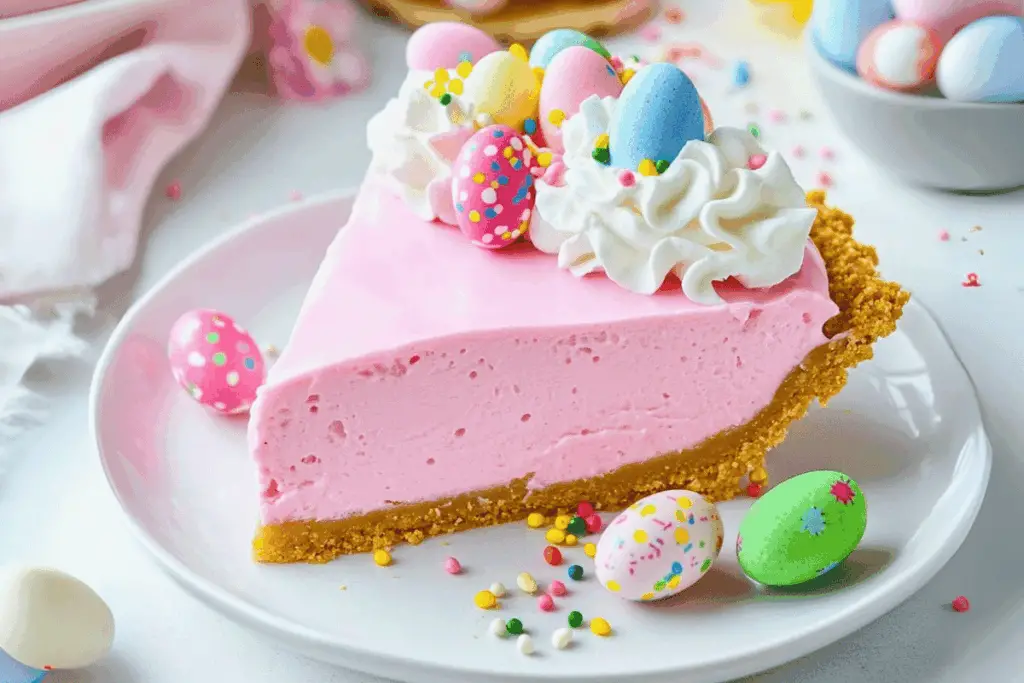 astel No-Bake Easter Jello Pie with whipped topping and mini Easter egg candies on a white plate.