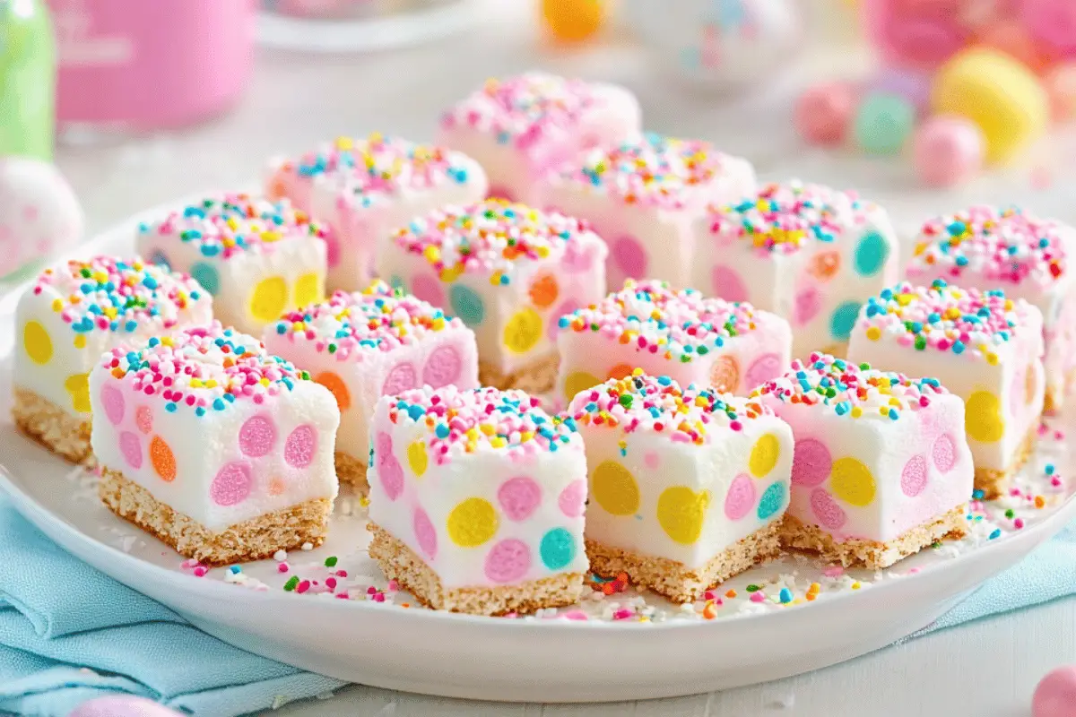 Colourful slices of No-Bake Marshmallow Lolly Slice with marshmallows, lollies, and white chocolate drizzle.