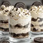 Oreo dessert cups layered with crushed cookies, cheesecake cream, and whipped topping, served in clear cups