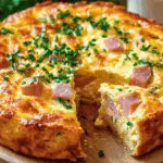 Golden crustless quiche filled with ham, cheese, and herbs, served in a ceramic baking dish