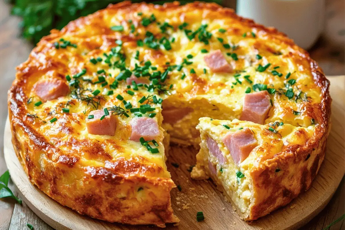 Golden crustless quiche filled with ham, cheese, and herbs, served in a ceramic baking dish