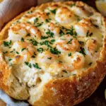 Baked cob loaf filled with creamy garlic prawn dip, surrounded by toasted bread chunks and herbs