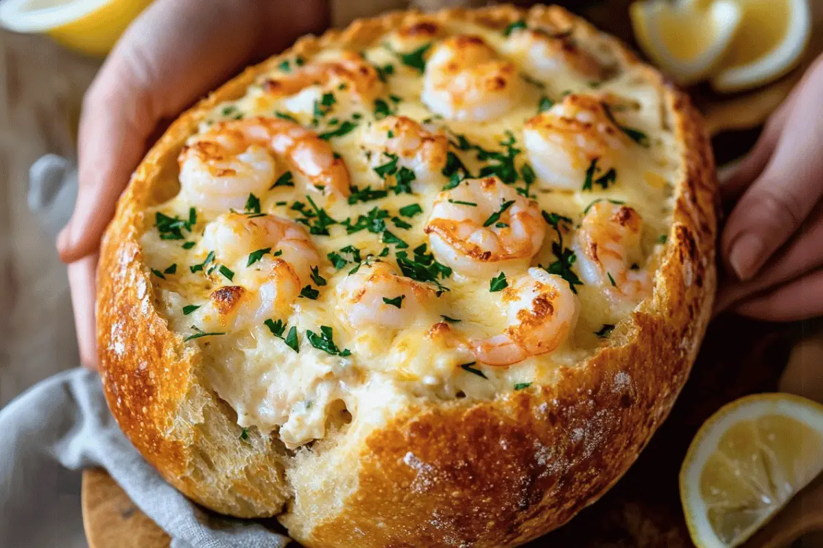 Baked cob loaf filled with creamy garlic prawn dip, surrounded by toasted bread chunks and herbs