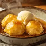 Plate of golden syrup dumplings drizzled with syrup and served with vanilla ice cream