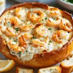 Hot seafood cob loaf filled with creamy prawn and crab dip surrounded by toasted bread chunks