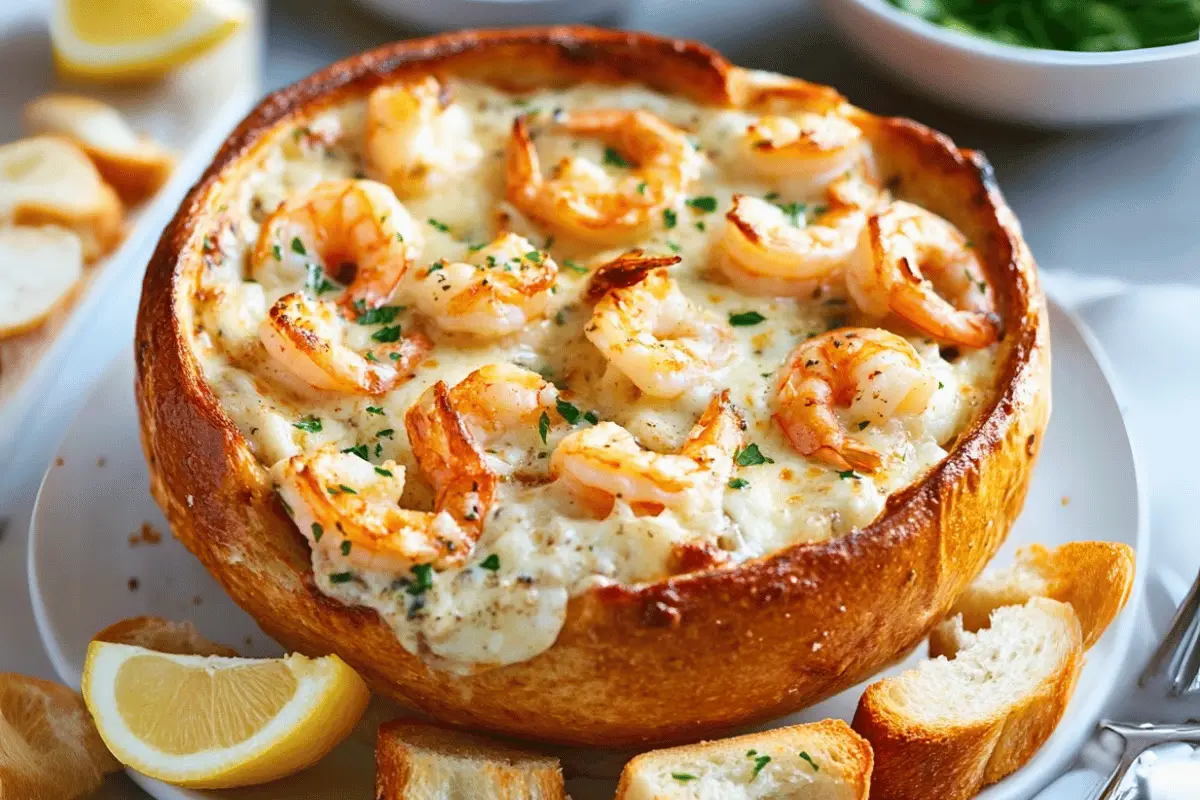 Hot seafood cob loaf filled with creamy prawn and crab dip surrounded by toasted bread chunks
