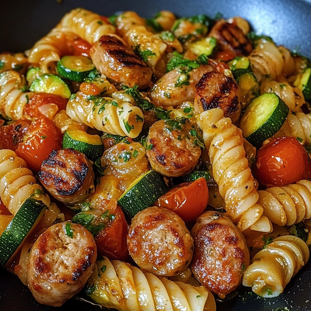 Chicken Sausages with Zucchini, Tomatoes & Pasta