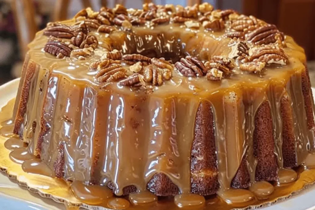 Butter Pecan Upside Down Pound Cake with Praline Glaze