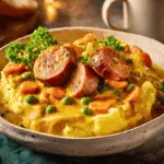 Bowl of Aussie curried sausages with mashed potato and parsley