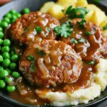 Plate of Aussie rissoles with gravy and mashed potatoes