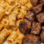 Cajun Steak Tips in Cheesy Rigatoni Parmesan Sauce