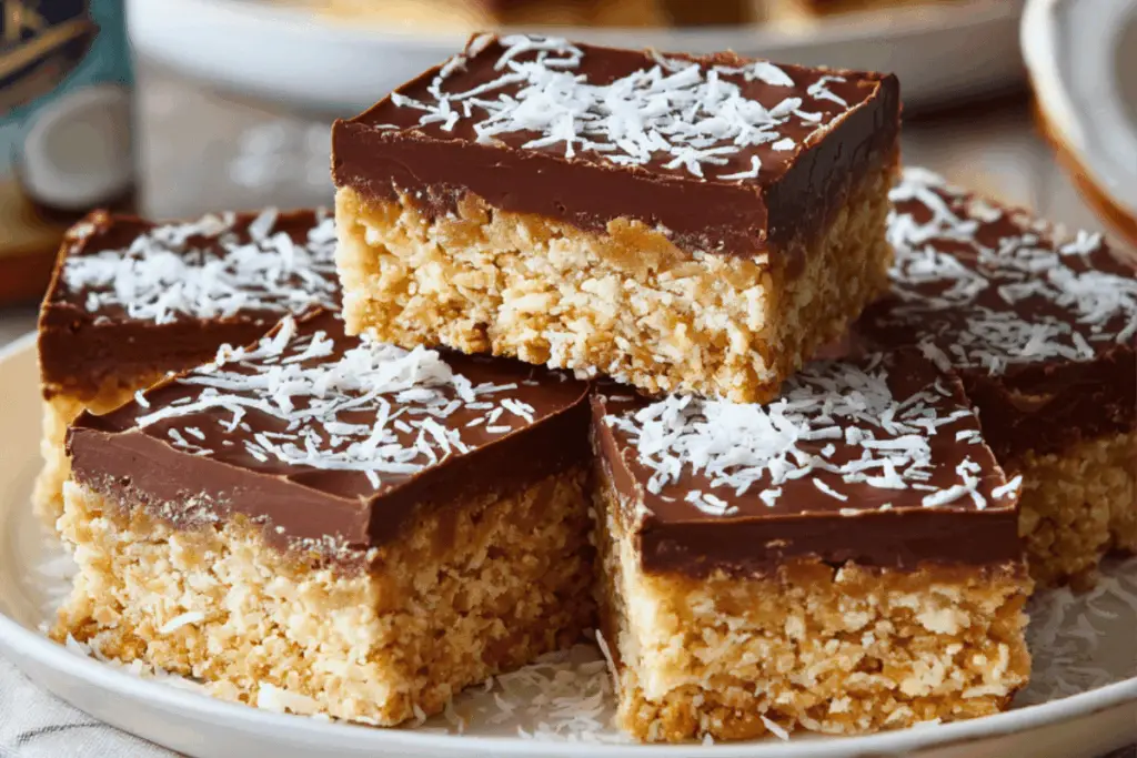 Condensed milk biscuit slice squares topped with chocolate and coconut, served on a white ceramic plate