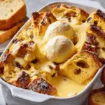 Condensed milk bread and butter pudding in a white baking dish with golden crust and raisins