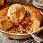 Warm condensed milk self-saucing pudding in a baking dish with golden caramel sauce