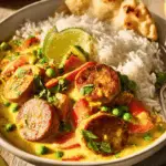 Plate of curried sausages with coconut milk and rice garnished with coriander