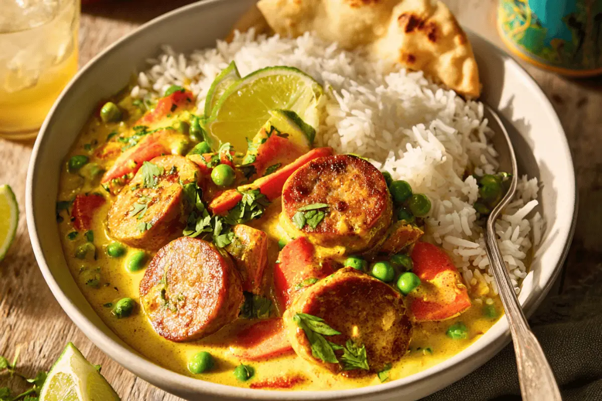 Plate of curried sausages with coconut milk and rice garnished with coriander