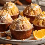 Mini flourless almond orange cakes topped with icing sugar and flaked almonds