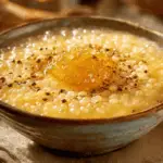 A warm serving of old-fashioned sago pudding with golden syrup drizzle in a ceramic bowl