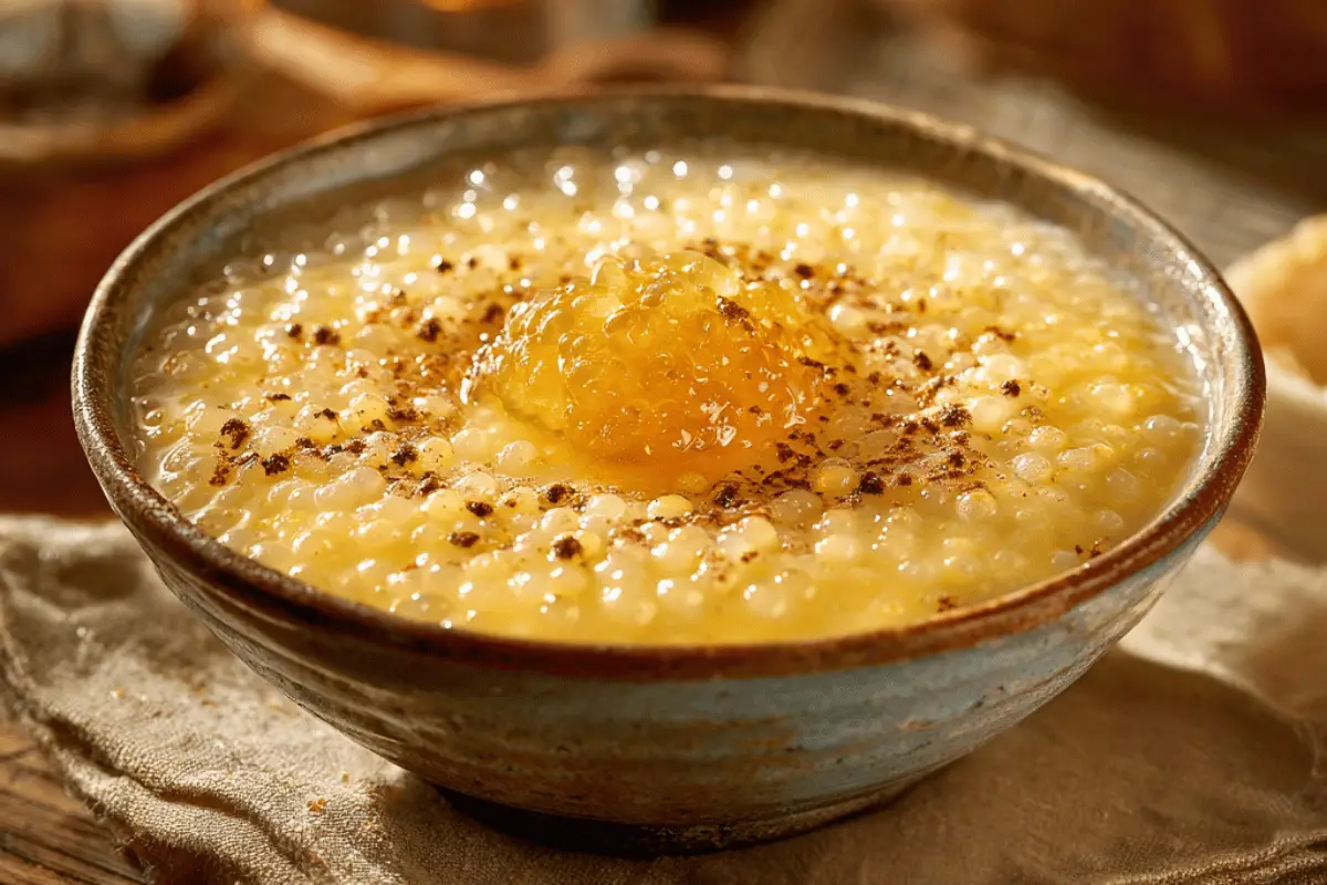 A warm serving of old-fashioned sago pudding with golden syrup drizzle in a ceramic bowl