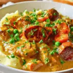 Bowl of slow cooker curried sausages with rice and fresh parsley