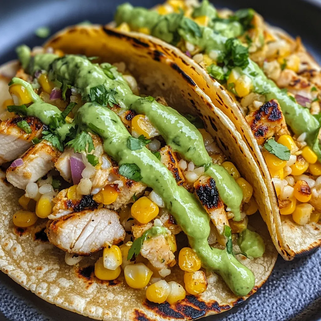 Crispy Chicken Street Corn Tacos with Avocado Drizzle