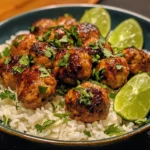 Sticky Honey Lime Chicken Meatballs with Cilantro Rice Pilaf